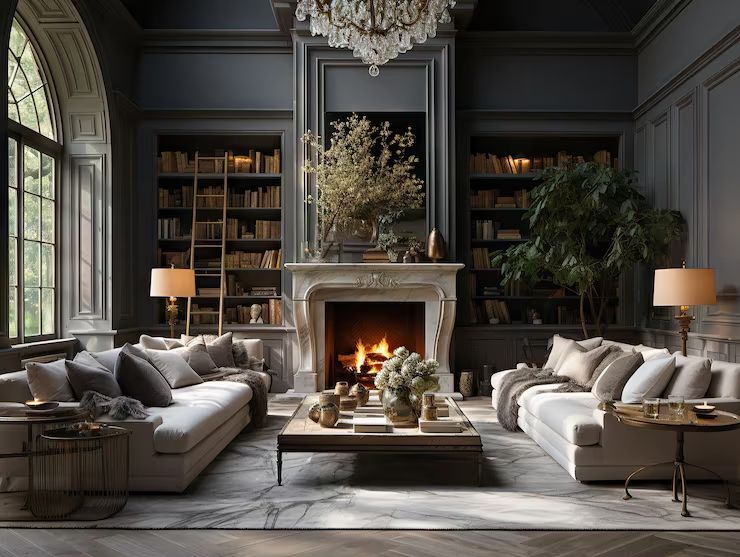 Marble fireplace burning in an elegant panelled library