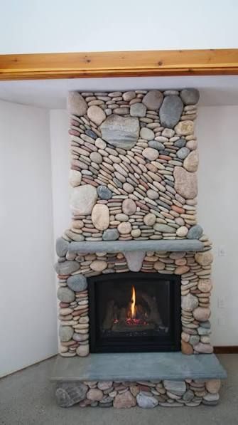 River-rock fireplace surround with a gas insert burning