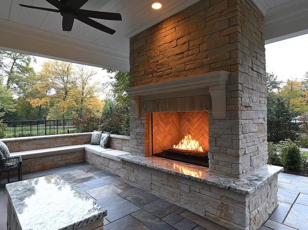 Covered veranda with a full-height stone outdoor fireplace