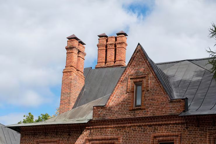 Twin ornate brick chimney stacks rising over a tin roof