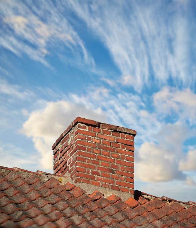Weathered crown atop a red brick chimney over a tile ridge
